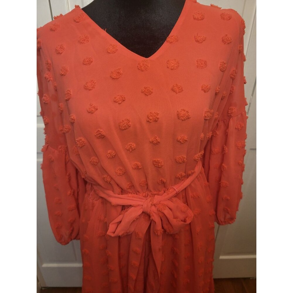 Coral Sheer Clip Dot Tiered Midi Dress Elastic Waist Cato L Boho Spring Easter - Picture 3 of 7